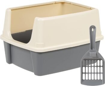 Large Cat Litter Box with High Sides, Open Top, Includes Scoop, 19 x 15 x 11.75 inches, Grey/Beige