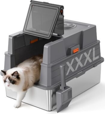 XXXL Stainless Steel Litter Box with Lid,28" L x 20.5" W x 16.5" H Extra Large Cat Litter Box Enclosure for Large and Multi-Cats Families,Non-Sticky, Anti-Leakage, Easy to Clean(Gray)