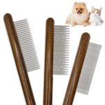 3 Pack Solid Wood Cat Combs, Stainless Steel Teeth for Cat Dog Rabbit Massage, Flea Lice Comb Removes Mats, Tangles and Loose Fur, Grooming Comb for Small Medium Pets