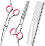 Dog Grooming Scissors with Safety Round Tips Stainless Steel Professional Dog Grooming Kit - Thinning, Curved Scissors and Comb for Cat Pet (Pink 4 in 1)