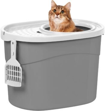 Cat Litter Box, Large Top Entry with Litter Catching Lid and Scoop, Dog Proof, Enclosed Cat Litter Box, Gray/White