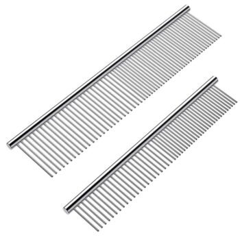 2 Pack Dog Combs with Rounded Ends Stainless Steel Teeth, Cat Comb for Removing Tangles and Knots, Professional Grooming Tool for Long and Short Haired Dog, Cat and other pets, 6.3IN/7.4IN